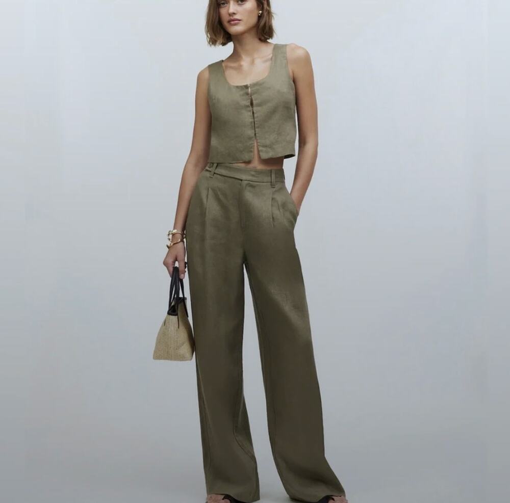 Madewell The Harlow 100% Linen Wide-Leg Pant in Olive Green